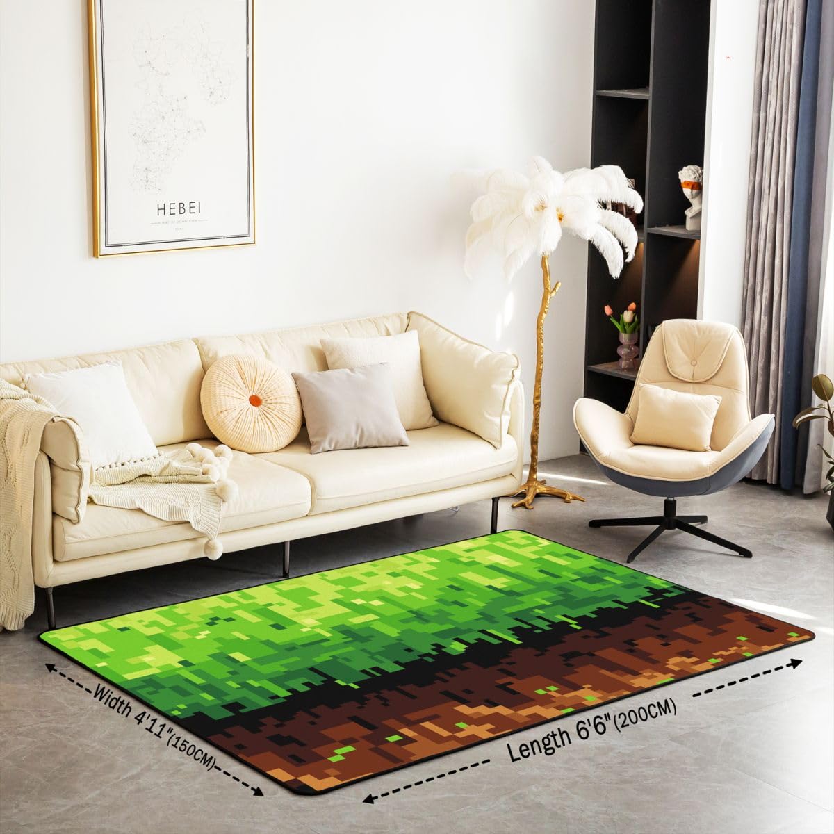 Manfei Pixelated Kids Area Rug,Patchwork Grid Video Games Indoor Floor Mat Entrance Rug for Girls Boys,Miners Lattice Simple Non Slip Rug,Brown Green Couch Living Room Decor,5'x6'6''