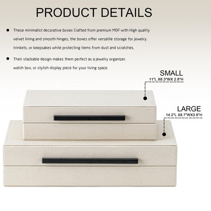 Set of 2 Beige Shagreen Decorative Storage Boxes with Black Metal Handles – Faux Leather Jewelry & Memory Boxes, Nesting Photo Organizers for Home Decor