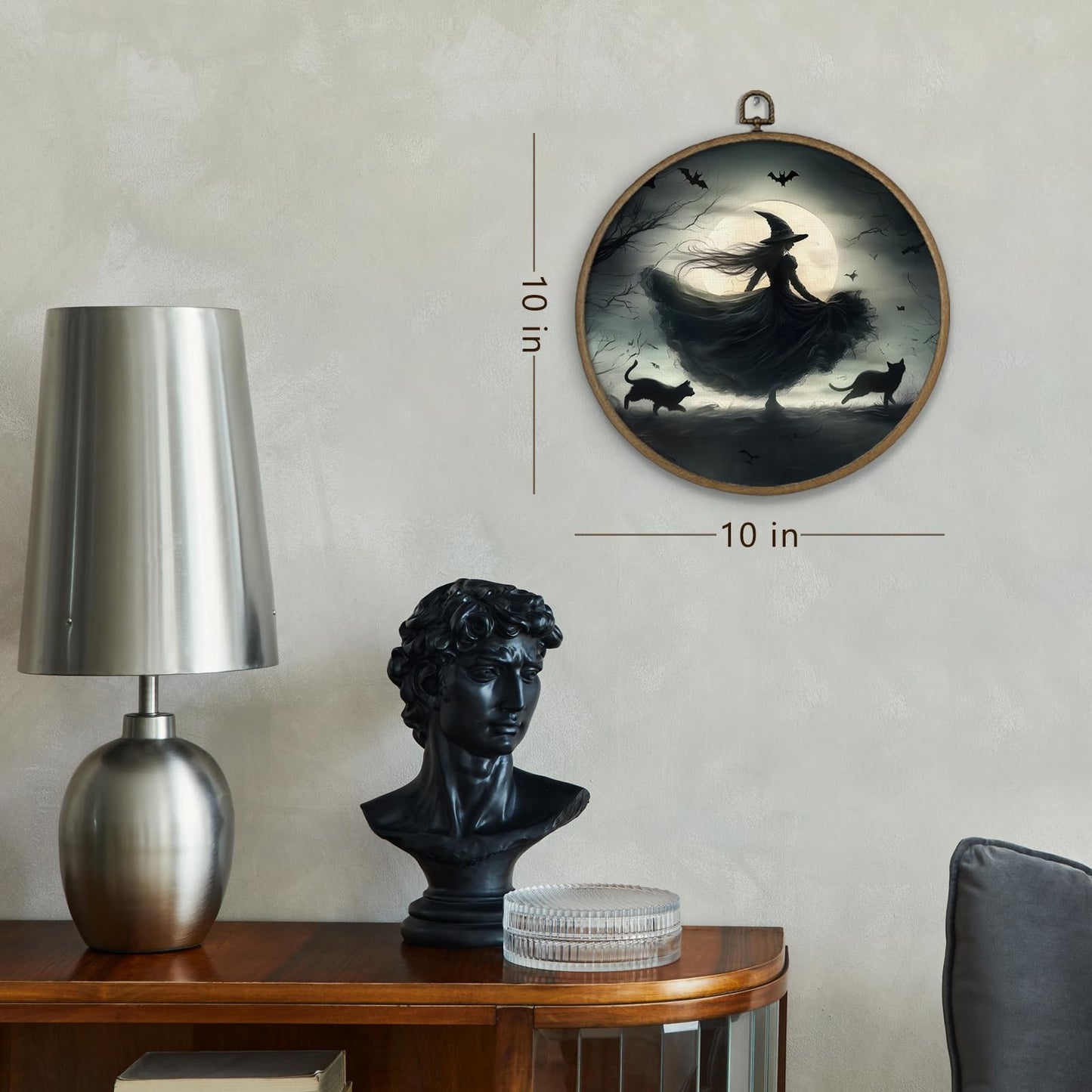 Gnmduw Witchy Black Cat Wall Art Framed, Dark Witchy Academia Decor, Halloween Witch Round Hanging Wall Decor, Dark Gothic Moody Academia Canvas Prints Art for Living Room Bathroom Bedroom, 10x10 In