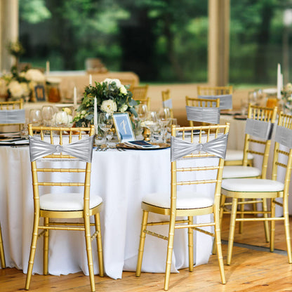 Oudain 120 Pieces Spandex Chair Sashes with Buckle Stretch Chair Cover Bands Bows for Wedding Hotel Banquet Events Decorations Sashes(Silver)