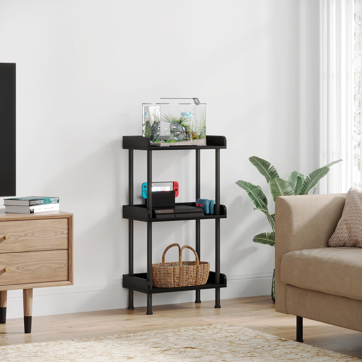 Hosfais Bookshelf Small Book Shelf, 3 Tier Wood Bookcase Industrial Bookshelf with Edge Protection Metal Standing Book Shelves Display Book Rack for Living Room Bedroom Home Office (Black)