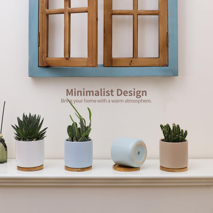 BABALIU 4 Inch Planters with Drainage Hole and Saucer, Small Ceramic Cylinder Plant Pot with Trays for Succulent, Aloe, Cactus & Herbs, Morandi Colors, Set of 4