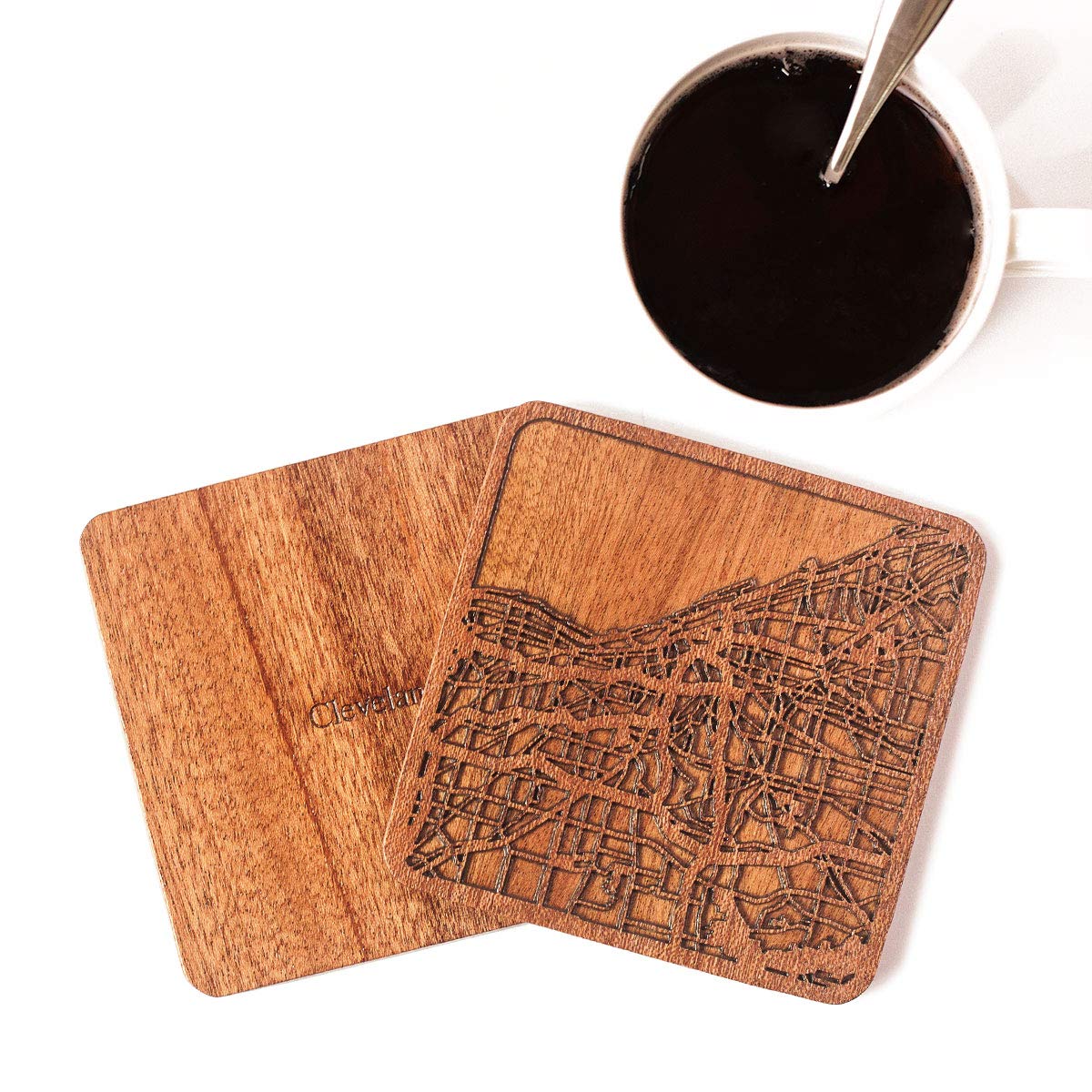 Cleveland Map Coaster, Set of 4, Sapele Wooden Coaster with city map, Multiple city optional, Handmade