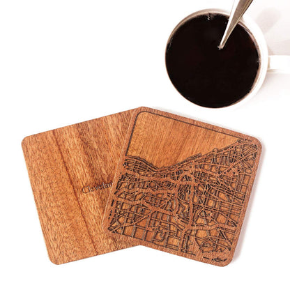 Cleveland Map Coaster, Set of 4, Sapele Wooden Coaster with city map, Multiple city optional, Handmade