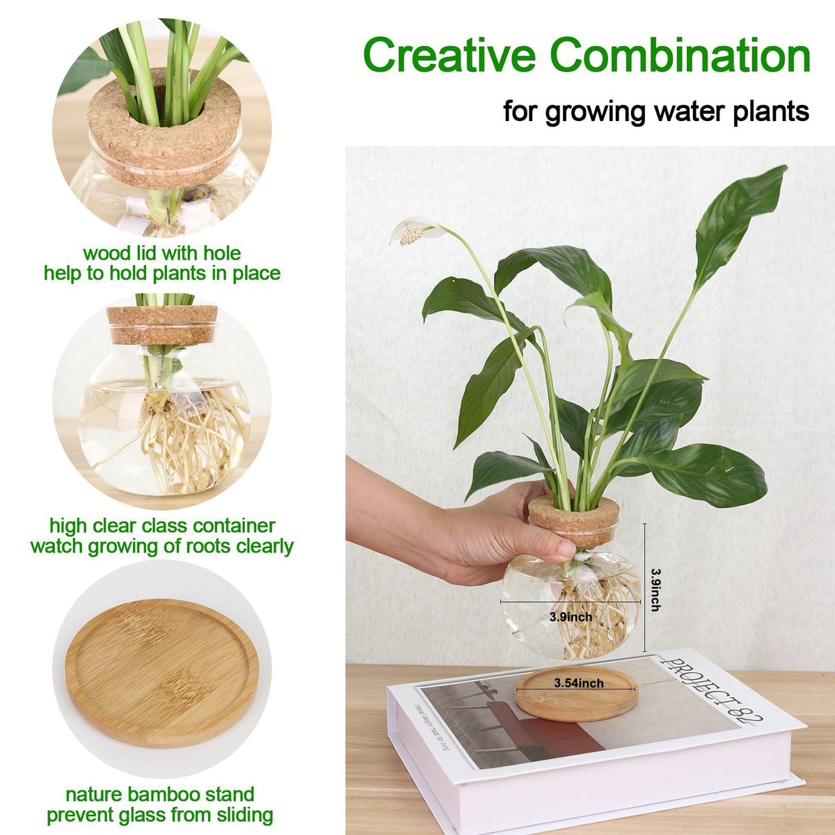 CHPINDAM Plant Propagation Station,Hydroponic Glass Container Vase Jars, with Wooden Saucer for Desks, Houses, Garden Decorations, Home Kitchen Decorations and Gifts for Plant Lovers (2)