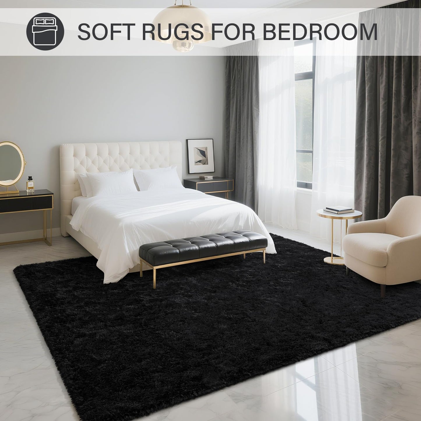 BENRON Fluffy Rugs for Living Room 5x8 Black, Washable Large Area Rugs for Bedroom Dining Table Office Kids Nursery Room, Washable Indoor Floor Carpets