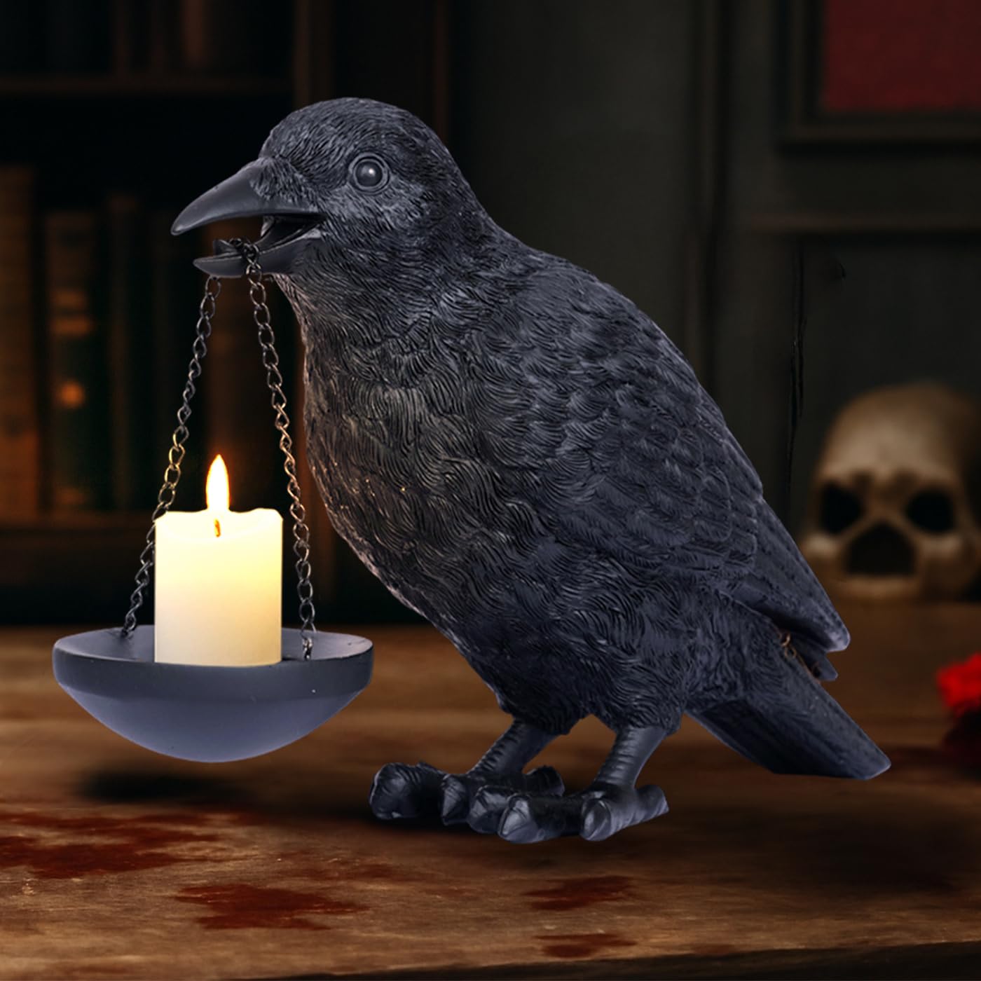 Gothic Home Decor Raven Lamp Tealight Candle Holder Halloween Decorations Indoor Fake Crow Light Holder Resin Black Bird Statue for Living Room Fireplace Entrance Holiday Spooky Ornaments