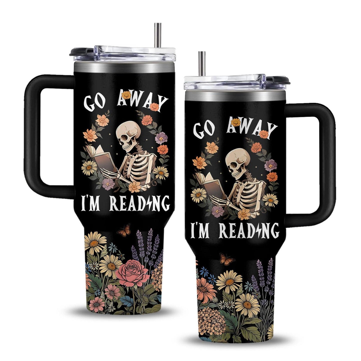 WWHSAI Skull Floral Tumbler 40oz with Lid & Straw - Go Away I'm Reading Skeleton Reading Gifts, Halloween Christmas Ghostface Decoration Horror Gifts Idea for Men Women Gothic Skulls