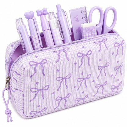 LEDAOU Cute Pencil Case for Kids Girls Boys Pencil Pouch kawaii Pen Pencil Box Bag Holder for School Students (Corduroy -Bow Purple)