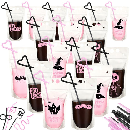 Sliner 24 Set Halloween Drink Pouches with Straws for Adults Juice Liquor Pouches Happy Boo Day Pink Black Drink Bags for Adult Teen Stand up Plastic Bags for Halloween Party Favor Props