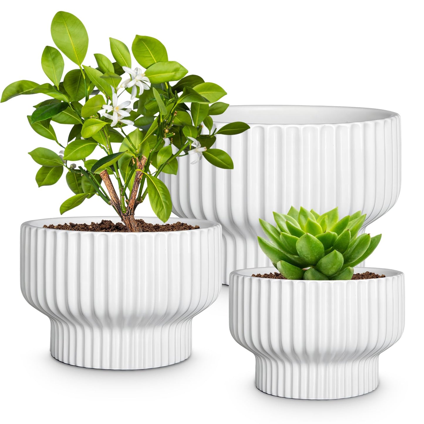 OXART Ceramic Pots for Plants, 9.4+8+6 Inch Flower Pots, Set of 3, Large Planters with Drainage Hole, Stylish Round Flower Pot for Home, Garder and Office, Gifts for Mom, White