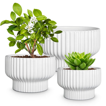 OXART Ceramic Pots for Plants, 9.4+8+6 Inch Flower Pots, Set of 3, Large Planters with Drainage Hole, Stylish Round Flower Pot for Home, Garder and Office, Gifts for Mom, White