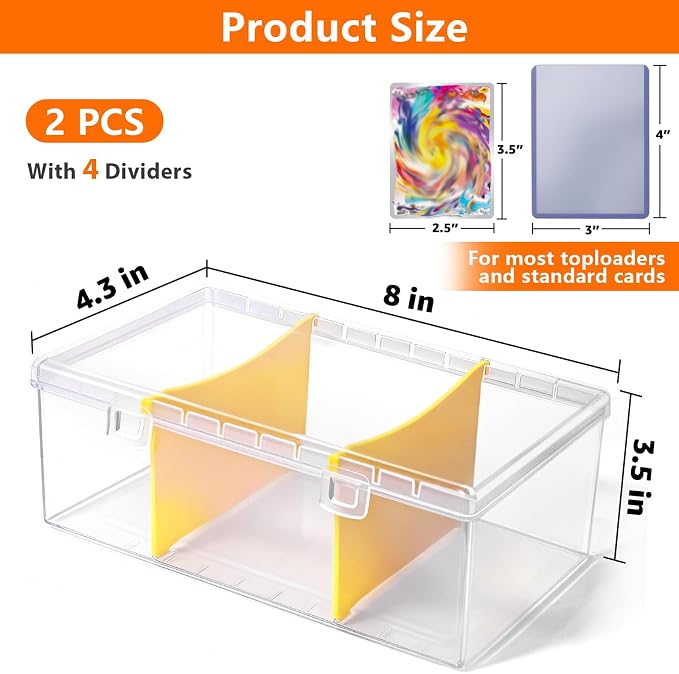 SAMYUCHO Trading Card Storage Box with 2 Dividers for 500 Sports Cards, Plastic Bulk Display Holder Collection Organizer Cases Container Fit for Baseball Football Playing Game Magic Cards 2 Pcs