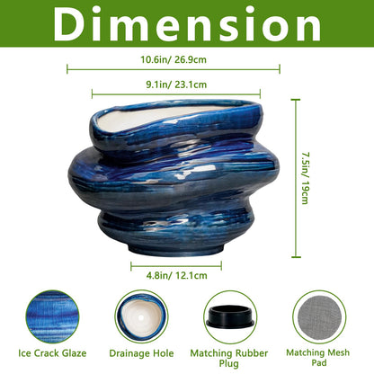 Teagas Ceramic Pots for Plants - 10.6 Inch Ceramic Planter with Drainage Hole, Decorative Planters for Indoor Outdoor, Unique Flower Pots, Garden Office House Decor, Birthday Housewarming Gifts, Blue