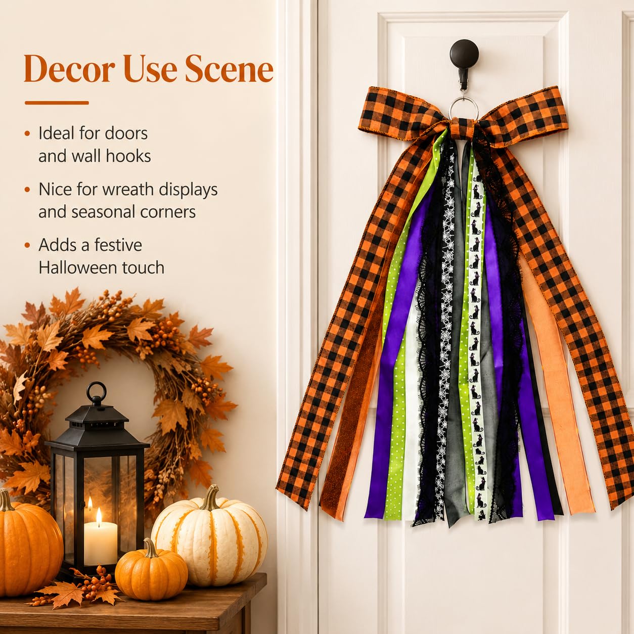 Halloween Wreath Sash Front Door Ribbon Bow Large Orange Black Buffalo Plaid Purple Spider Web Cat Streamer Fall Porch Decoration