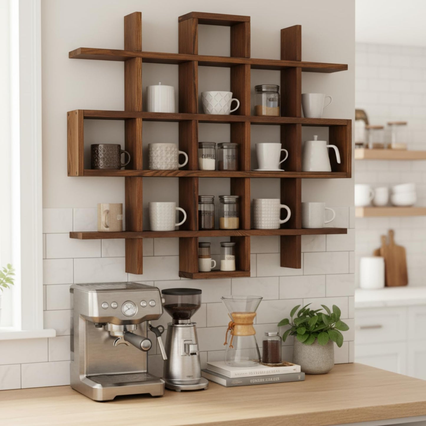 Suzile Oversize Coffee Mug Display Rack Wooden Display Shelves Rustic Wooden Floating Curio Shelf Travel Wall Mounted Coffee Mug Rack Holder Shadow Box Shelf(Grid Size 5.1x5.1x3in,Rustic Brown)