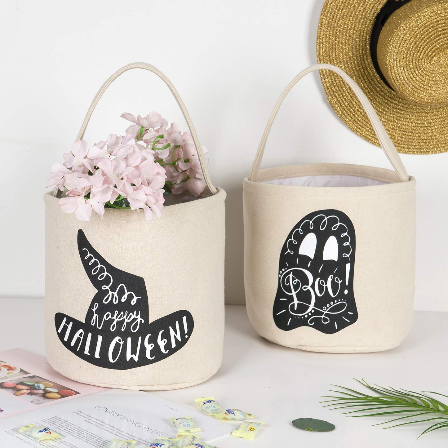 3 Pcs Halloween Trick or Treat Bucket - Candy Basket Tote Bag for Kids（Magic Hat, Ghost, Bat）