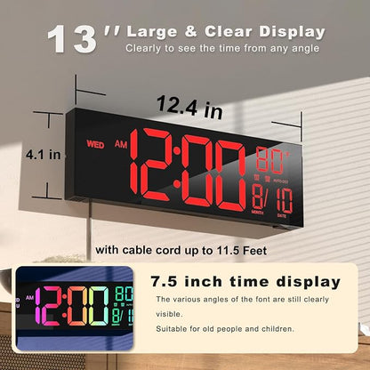 JALL 13" Large Digital Wall Mount Clock, Count Down Timer, Alarm, Big LED, DST, Temperature for Living Room Classroom Desk, Xmas, Birthday Gift for Senior Mom Dad