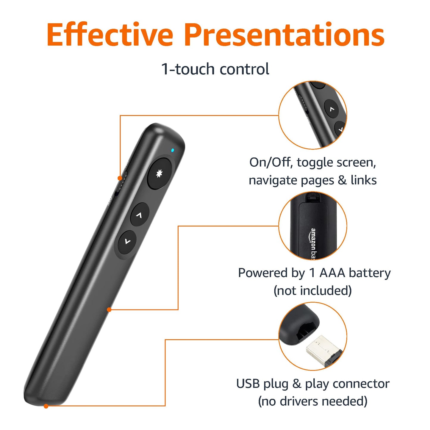 Amazon Basics Wireless Presenter Remote, Presentation Clicker with Red Laser Pointer, PowerPoint Clicker, Slide Advancer, 2.4GHz, Plug & Play, Battery Operated, Hyperlink