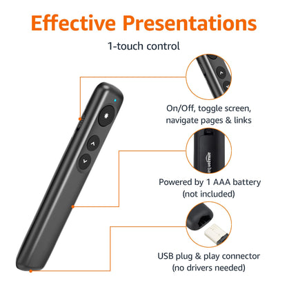 Amazon Basics Wireless Presenter Remote, Presentation Clicker with Red Laser Pointer, PowerPoint Clicker, Slide Advancer, 2.4GHz, Plug & Play, Battery Operated, Hyperlink