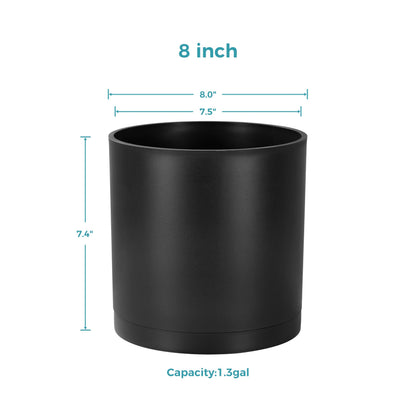 FaithLand 8-Inch Modern Cylinder Planter, Thick-Walled Plastic Plant Pot with Drainage Holes and Detachable Saucer, Matte Black, Ideal for Indoor & Outdoor Plants Flowers
