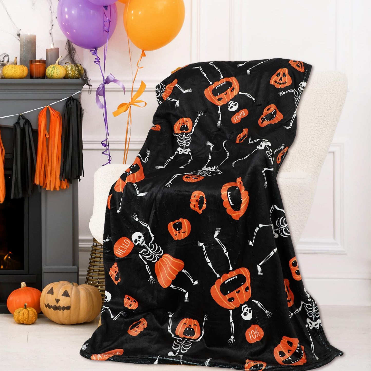 Whaline Halloween Fuzzy Flannel Blanket 50 x 60 Inch Evil Pumpkin Face Skeleton Decorative Throw Blanket for Holiday Home Chair Soft Couch Bed