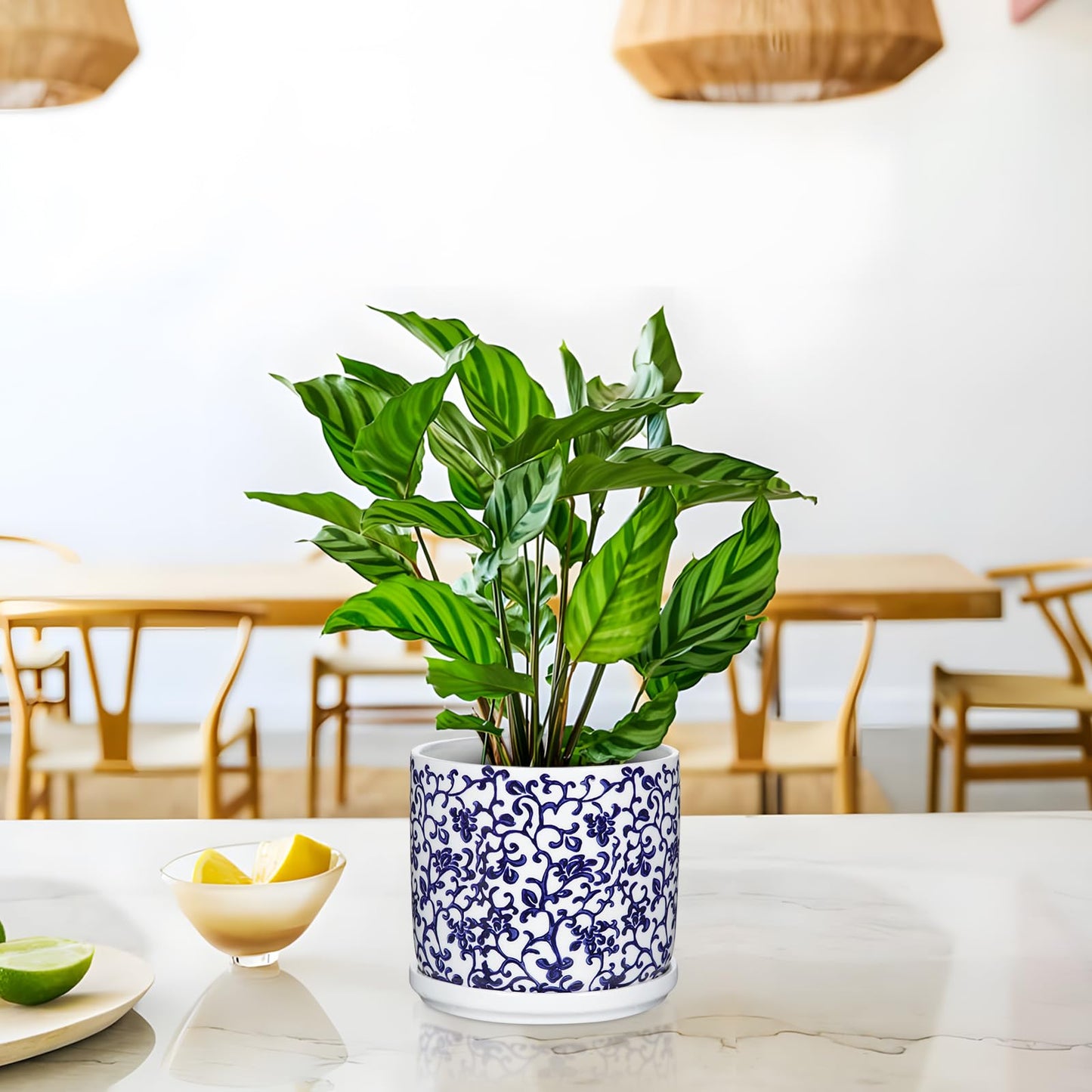 Set of 2 Blue and White Ceramic Plant Pots with Drainage Hole and Saucers, Retro Blue Porcelain Flowers Round Planters for Succulent Cactus Indoor Outdoor Garden Home Desktop Decor, 4.5+5.5 Inch