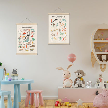 DOI-LANEE Alphabet Numbers Poster Hanger Frame, Kids Educational Posters 16x12 Inch, Set of 2 Ocean Room Decor, Alphabet Chart for Preschool Classroom, Montessori ABC Learning, Sea Life Decor