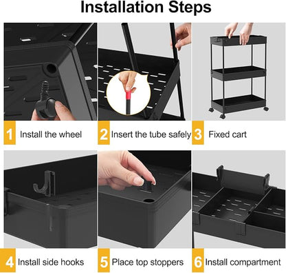 SPACELEAD 3 Tier Rolling Cart with Wheels, Storage Craft Art Trolley Organizer Serving, 3 Hanging Baskets Easy Assembly, for Office, Bathroom，Living Room, Kitchen, Black