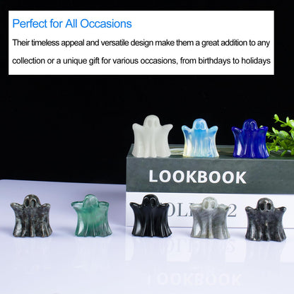 QLRSUXN White Jade Crystal Ghost, 1.8in Ghost Decor, Cute Natural Crystal Ghost Statue,Halloween Figurines Hand-Carved, Spooky and Decoration for Halloween Home Office Mantel Decor