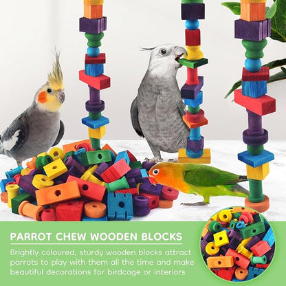 DBNESS Bird Toys for Parrots, 200 Pcs Colorful Multi-Shaped DIY Wooden Blocks Craft, Natural Parrot Chew Training Foot Toy for Amazon African Grey Cockatiels Conure Monk Parakeet