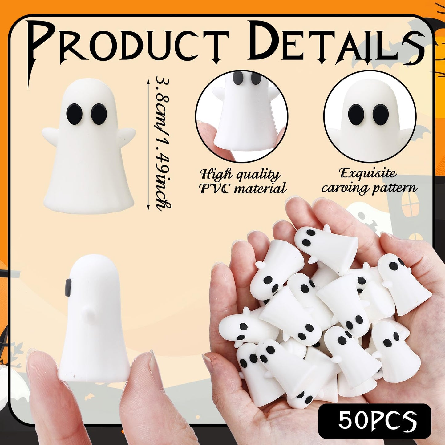 Lunmon 50 Pcs Mini Ghosts Bulks,Small Cute White PVC Ghost Figurines, Tiny Halloween Miniatures for Spooky Tiered Tray Decor, Home Tabletop Shelf Centerpieces Party Favors,1.49 inch