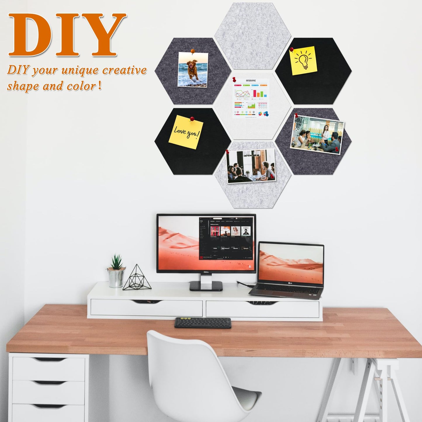 HULAVO Large Hexagon Felt Cork Board Tiles, Self Adhesive DIY Felt Bulletin Board Pin Board with 35 Pushpins for Office School Home Wall Decor(Black+Deep Grey+Light Grey)