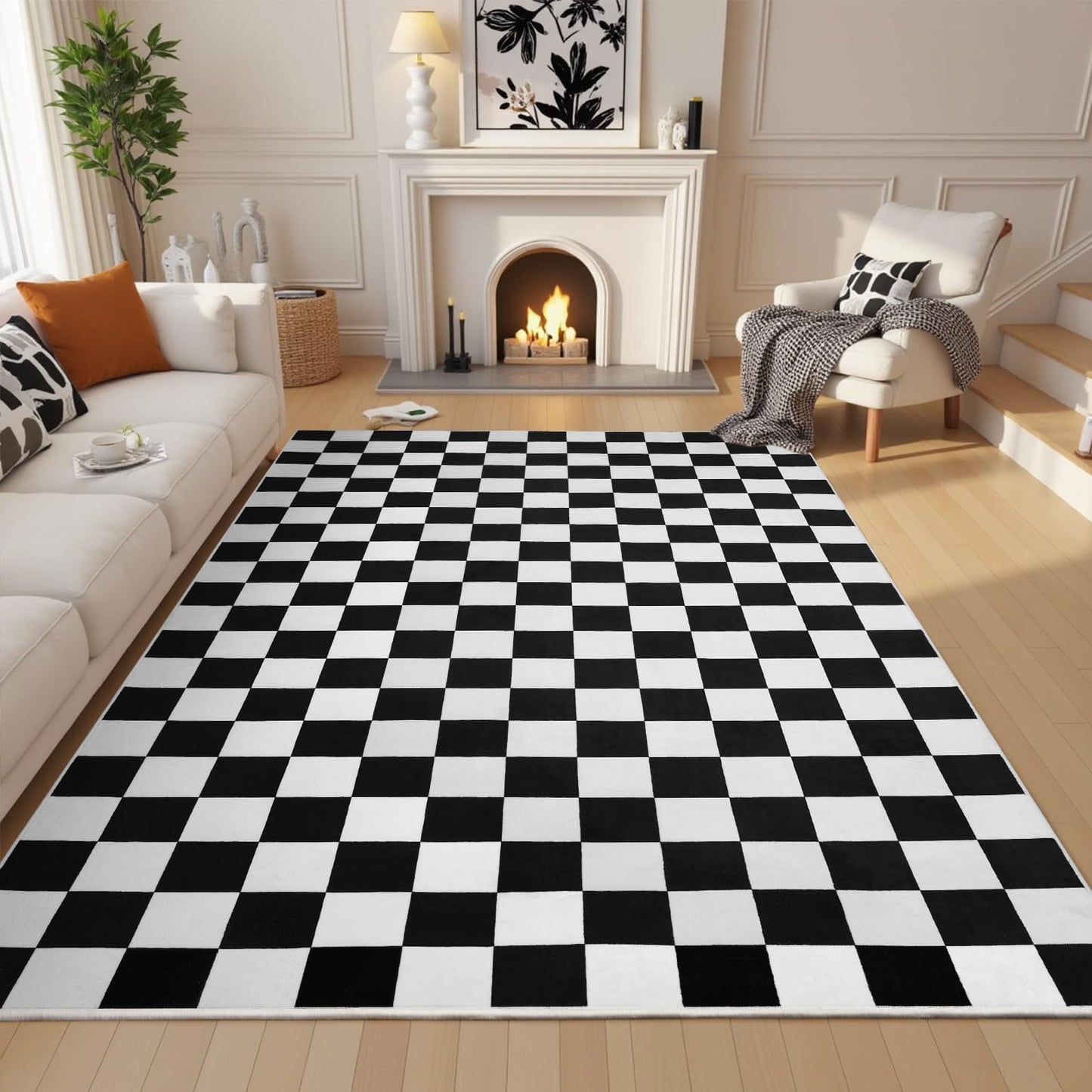 Terrug Black and White Checkered Rug for Living Room,5x7 Area Rugs Washable with Non Slip for Bedroom,Soft Low Pile Stain Resistance Retro Carpet for Dorm Kids Room