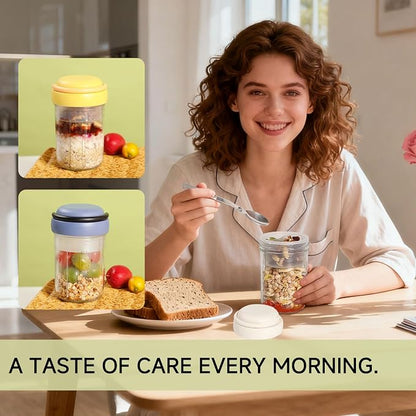 Overnight Oats Containers with Handles & Lids – 16oz Glass Mason Jars with Spoons & Fruit Compartments, Chia Pudding Jars with Lids, 2 Sets (Cream, Yellow)