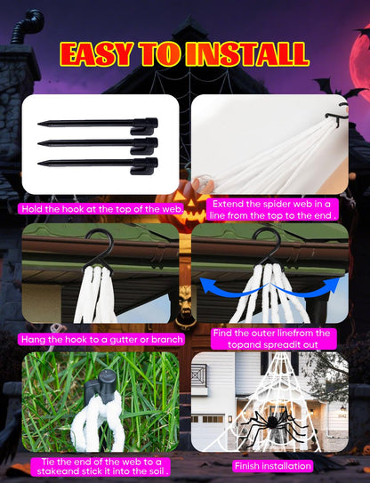 LCHUANG Spider Webs Halloween Decorations Lights - 250 LEDs Outdoor Halloween String Lights with 60" Light Up Spider,8 Modes Remote Control 16.4Ft Spiderweb,Waterproof (Orange+Purple)