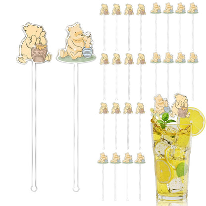 Winne Bear Theme Stirring Sticks for Cocktail, Coffee, Cake Pops, Stirrers Sticks Acrylic for Bar, Party Halloween Disposible Drinks Stick for Christmas Party(24 Pcs)