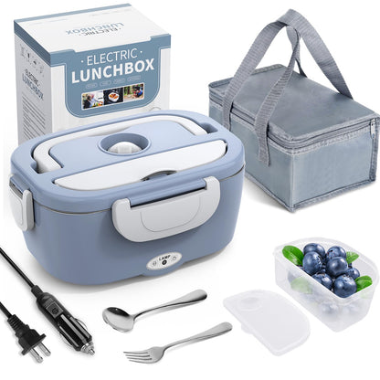 Electric Lunch Box Food Heater, 3 in 1 Ultra Quick Heated Lunch Boxes for Adults, 12V/24V/110V Portable Food Warmer for Car/Truck/Office With Fork Spoon and Insulated Carry Bag