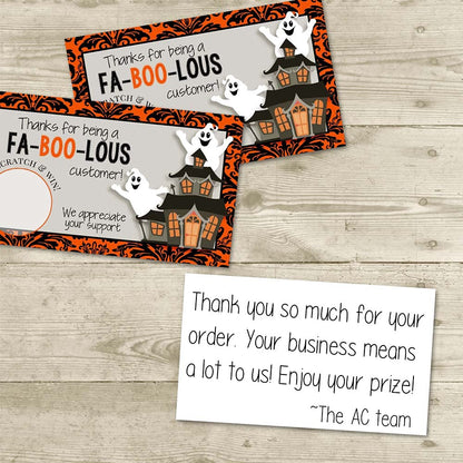 Amanda Creation Funny Fabulous Customer Halloween Ghost Scratch & Win Customer Appreciation Package Inserts for Small Businesses, 20 2" X 3.5” Single Sided Insert Cards with Scratch Off Stickers