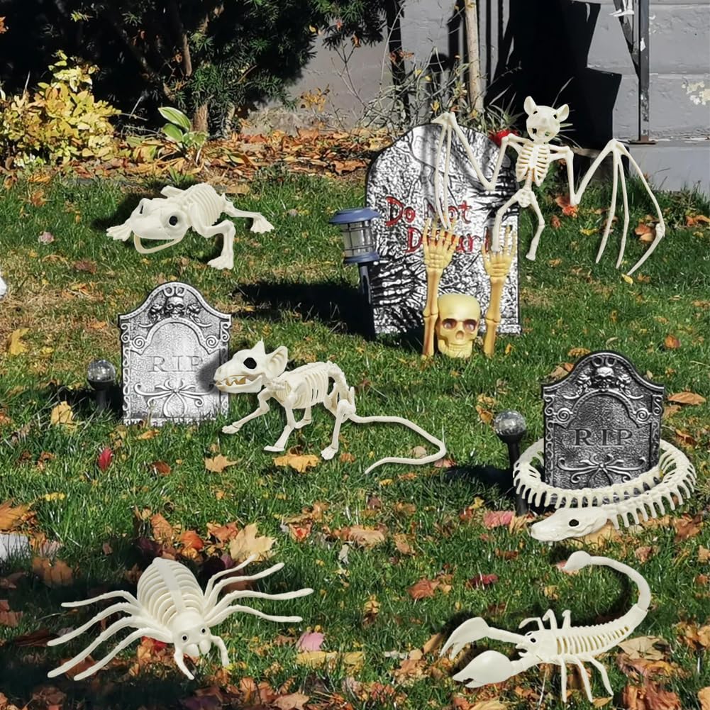 LUKBERA 6pcs Halloween Animal Skeletons, Bat Frog Scorpion Spider Snake Rat Skeletons for Halloween Party Haunted House Graveyard Scene Decoration