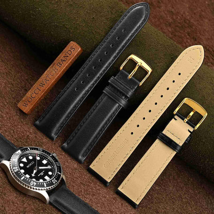 WOCCI 23mm Vintage Leather Watch Band for Men and Women, Gold Buckle (Black)