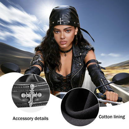 Vigdit Leather Biker Cap, Black Skull Cap for Women & Men, Adjustable Leather Punk Bandana Biker hat with Pants Chain