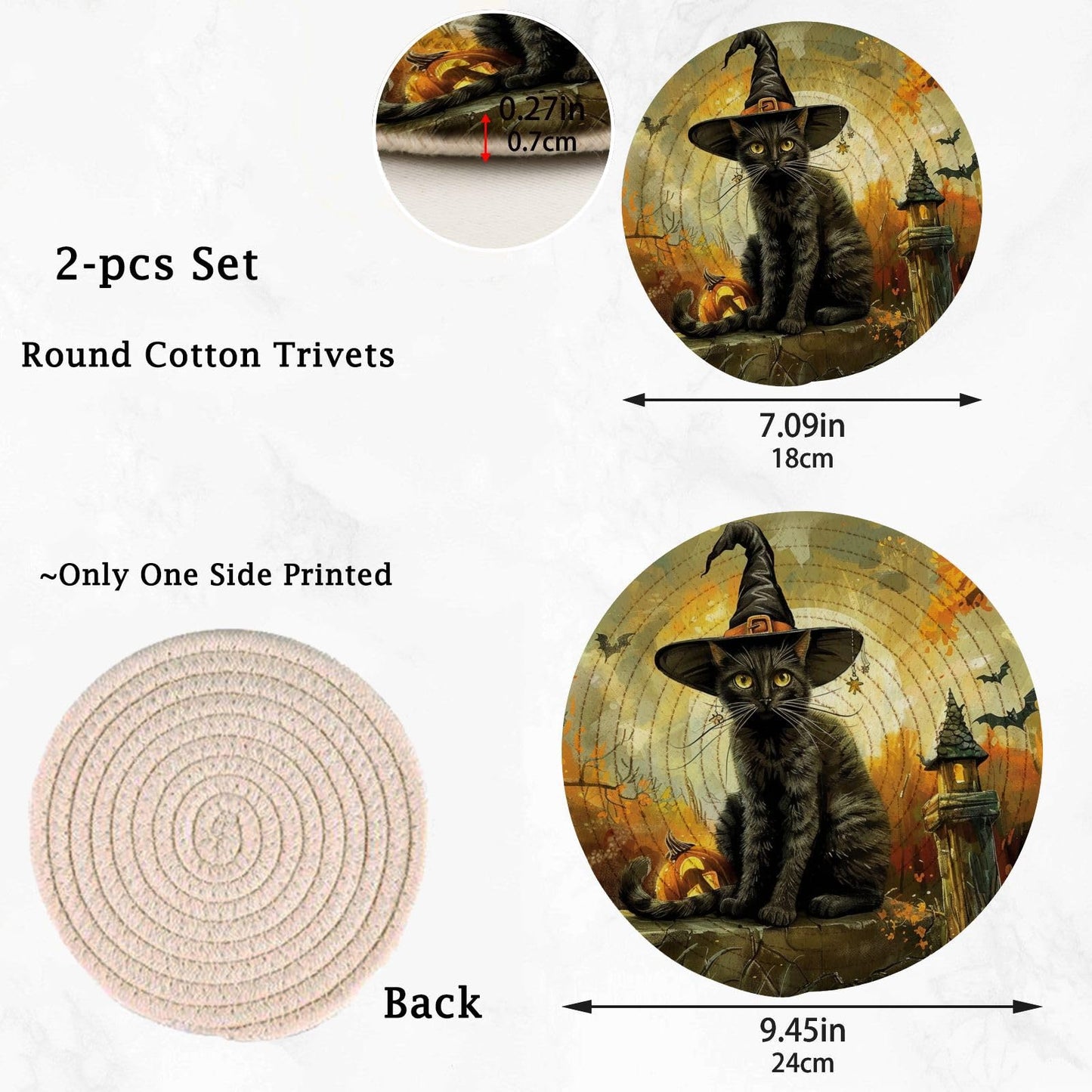 Kitchen Set of 2 Potholders Trivets, Halloween Graveyard Black Cat Witch Pumpkin Woven Hot Pot Coasters Placemats for Cooking Baking Hot Dish Pan Pot Bowl Teapot(7&9 Inches Diameter)