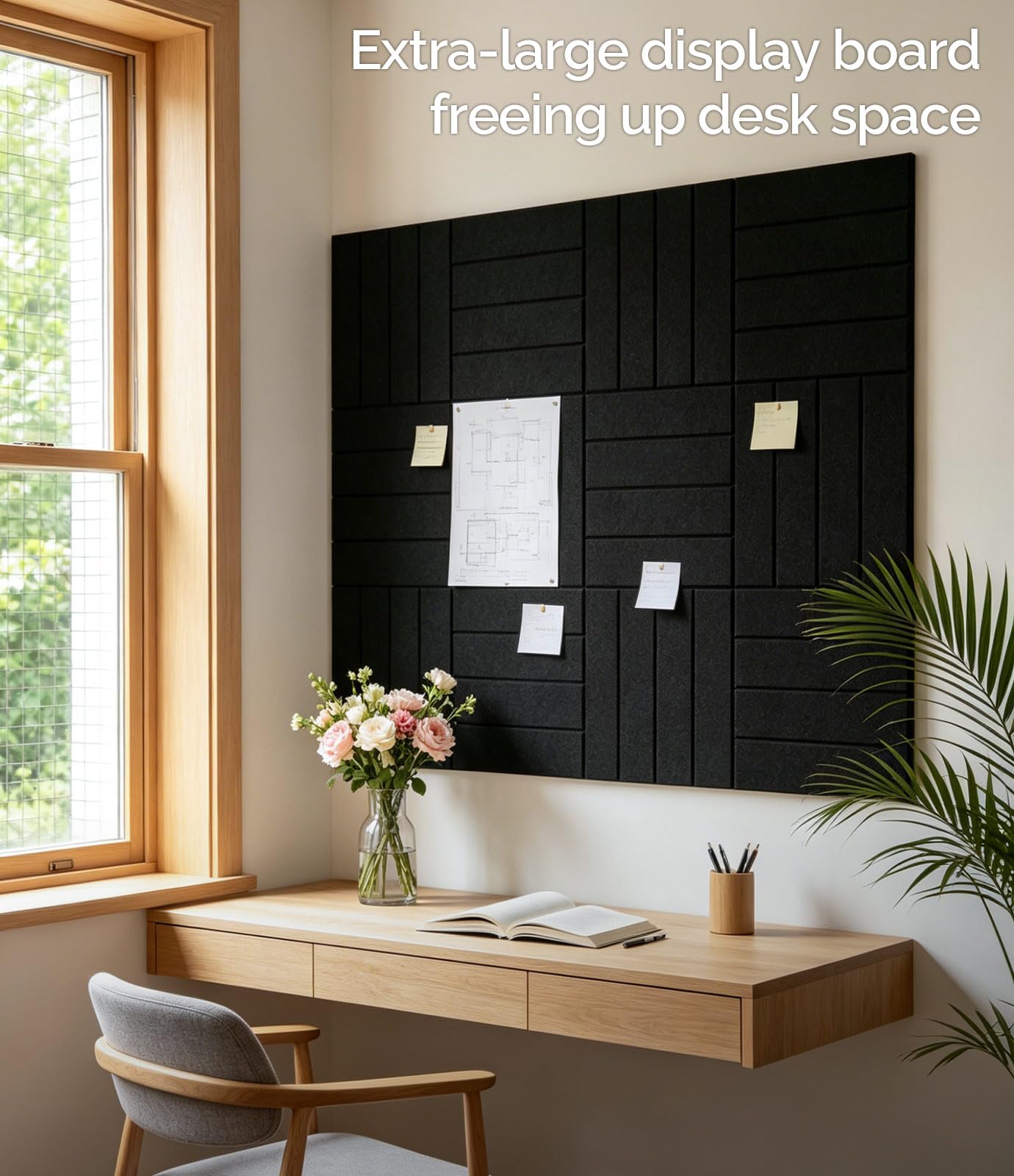 Bounmer Large Cork Board Alternative 48“ x 36”, 12-Pack Felt Bulletin Board Tiles with 60 Safe Removable Adhesive Tabs & 30 Pushpins, Cork Boards for Office Walls Decor (Black)