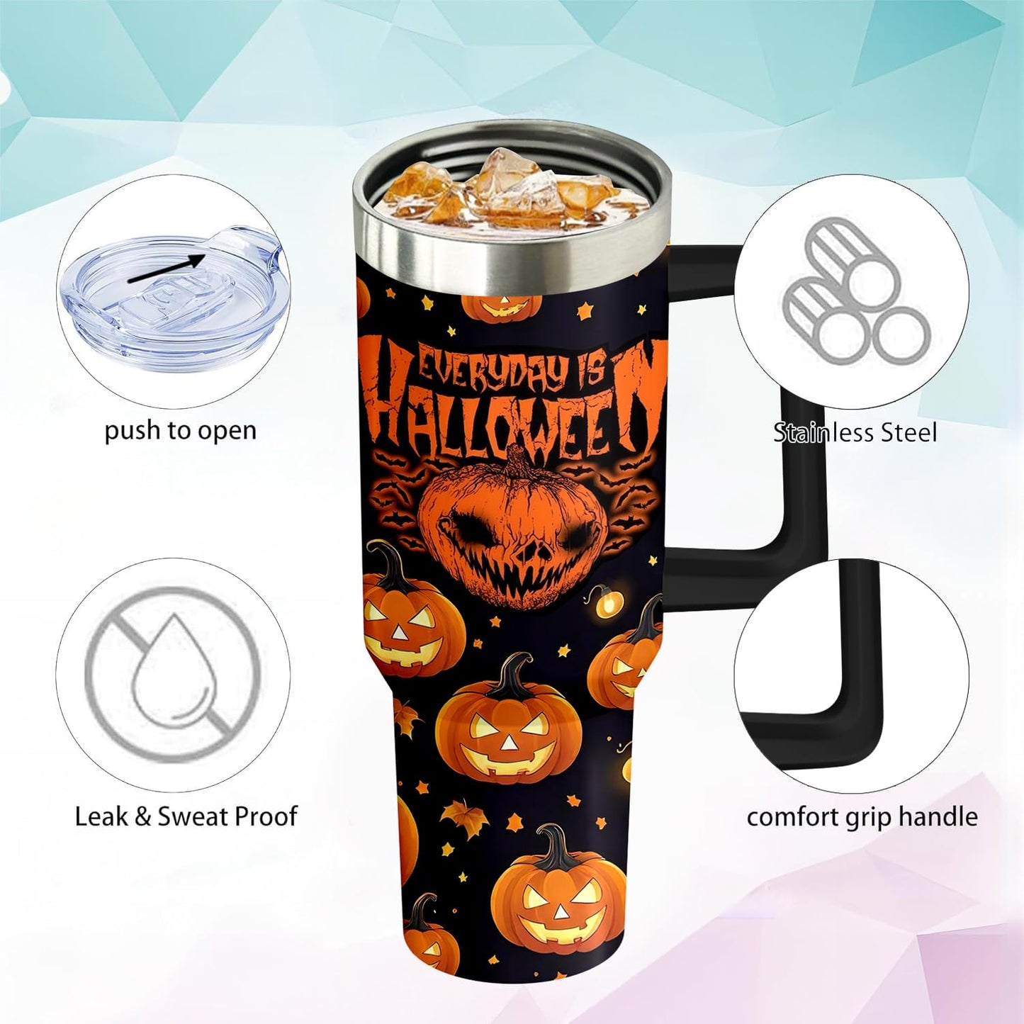 40oz Halloween Pumpkin Gift Fall Tumbler with Handle and straw, Horror Scary Spooky Stainless Steel Insulated Cup, Coffee Mug Water Bottle for Halloween