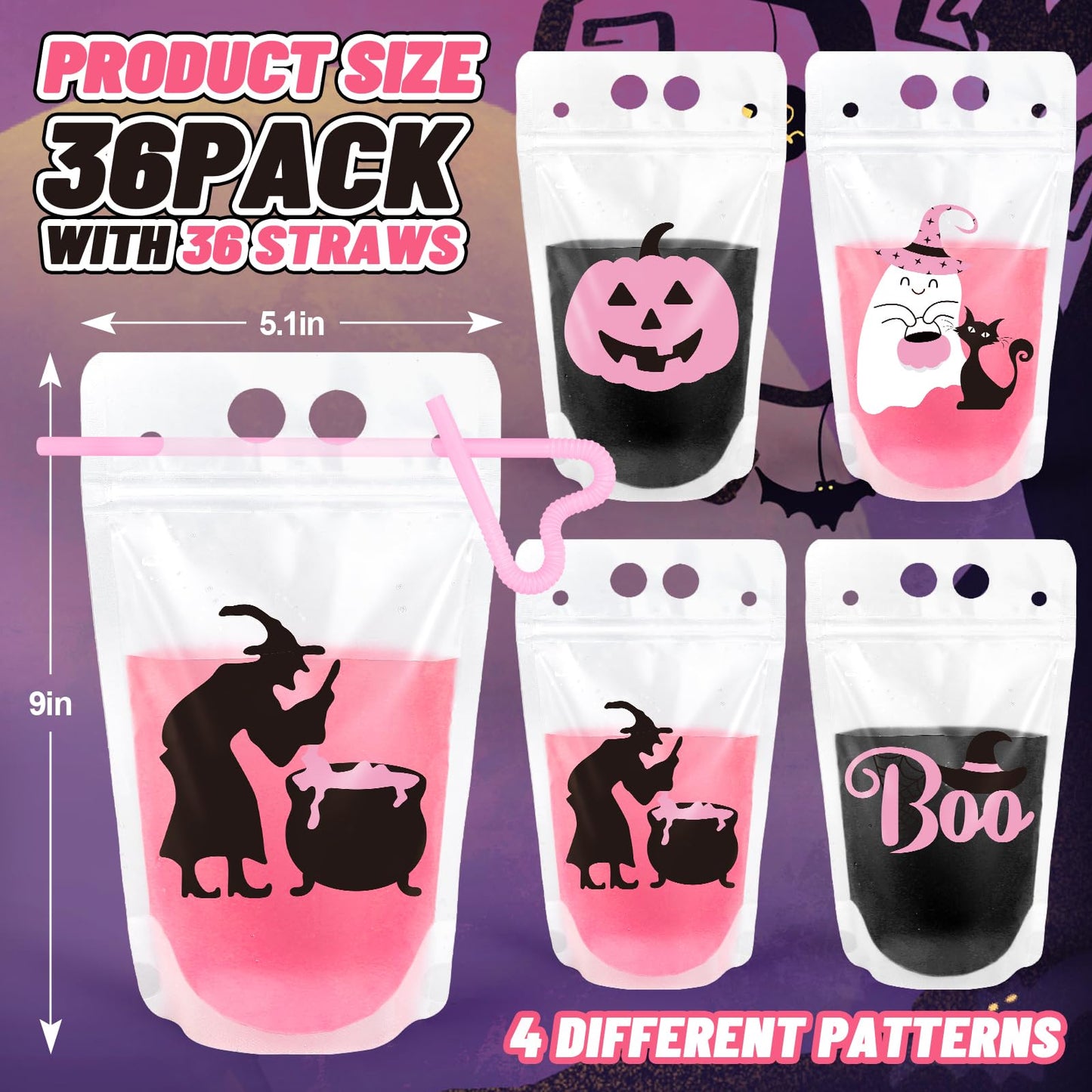 JarThenaAMCS 36 Set Halloween Drink Pouches Pink Black Cute Clear Plastic Juice Pouches 4 Designs Drink Bags Handheld with Straws for Halloween Birthday Baby Shower Party Adults Alcohol