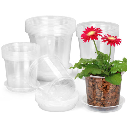 HQAUT 24 Pack 7/6/5 Inch Clear Nursery Pots with Drainage and Saucers, Clear Plastic Plant Pots for Plants, Seed Starting Pots