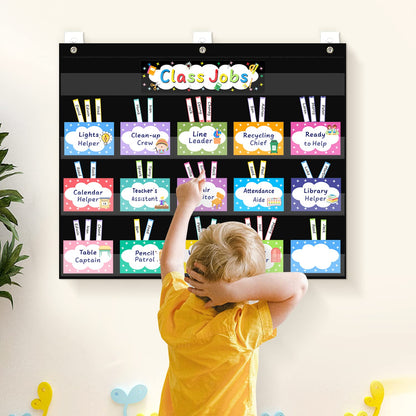 REGELETO Class Jobs Pocket Chart with 70 Colorful Dry Erase Cards and 3 Hooks,Class Management Educational Pocket Chart Teacher's Helper Size: 24.5”x21.8”inch Bulletin Board for Classroom (Black)