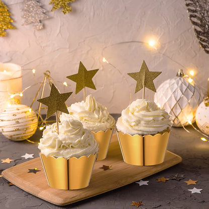 Meanplan 100 Pcs Graduation Cupcake Liners Cupcake Wrappers Foil Baking Cups Sturdy Muffin Baking Cups for Class of 2026 Wedding Birthday Grad Party Decoration, 1.97 x 1.77 Inch (Gold)