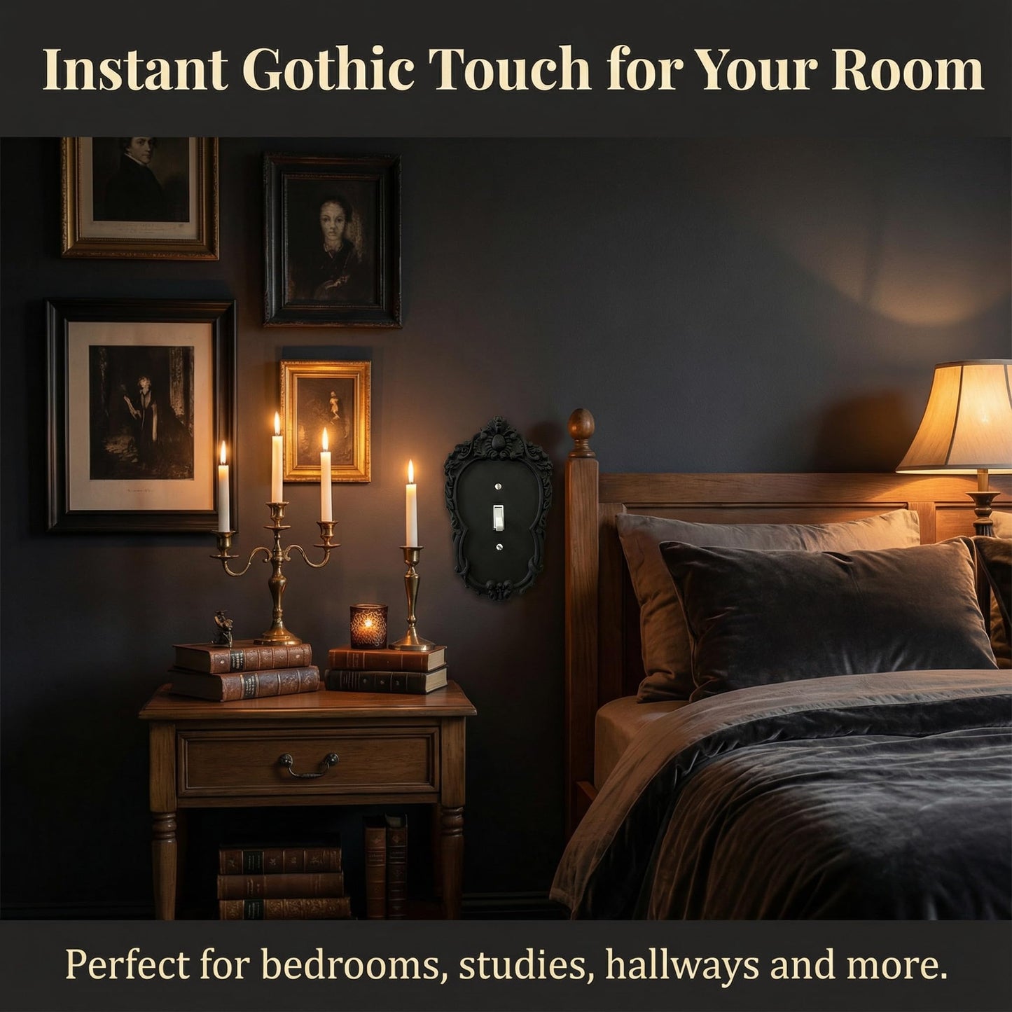 Gothic Decorative Light Switch Cover Plate, Black Ornate Baroque Design with Crown Detail and Scrollwork, Matte Finish (Black13)